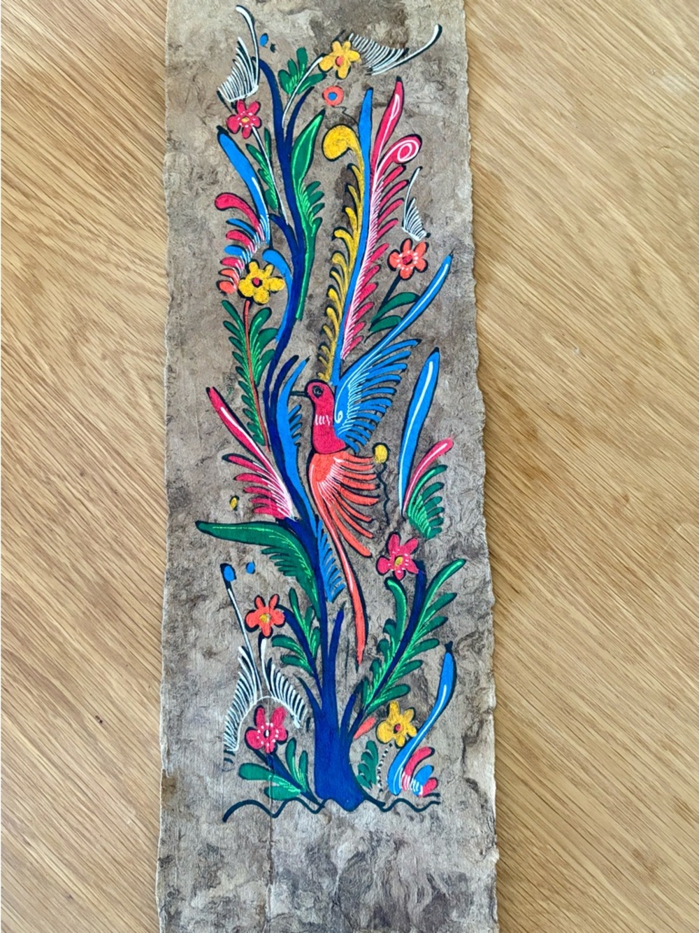 Hand-Painted Mexican Art on Bark — Vibrant Floral Panel